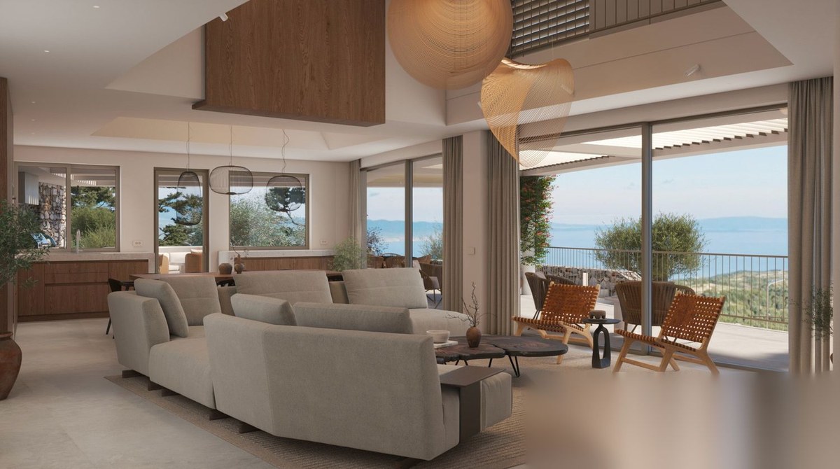 Open-plan living room with floor-to-ceiling glass and Aegean sea views in a luxury Greek villa