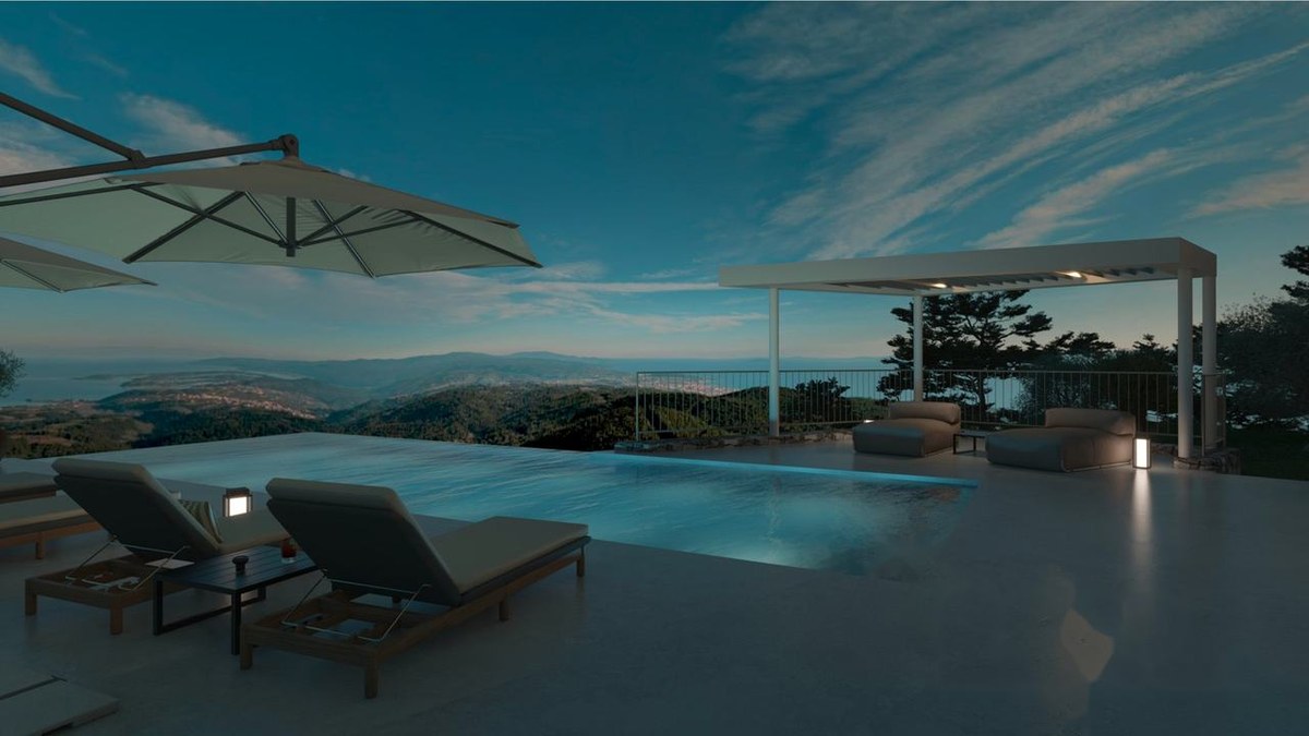 Contemporary sunken living lounge with natural materials and soft lighting in a luxury Greek villa interior