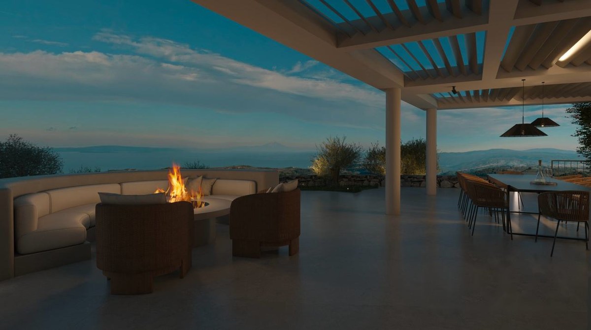 Fire-pit lounge at dusk